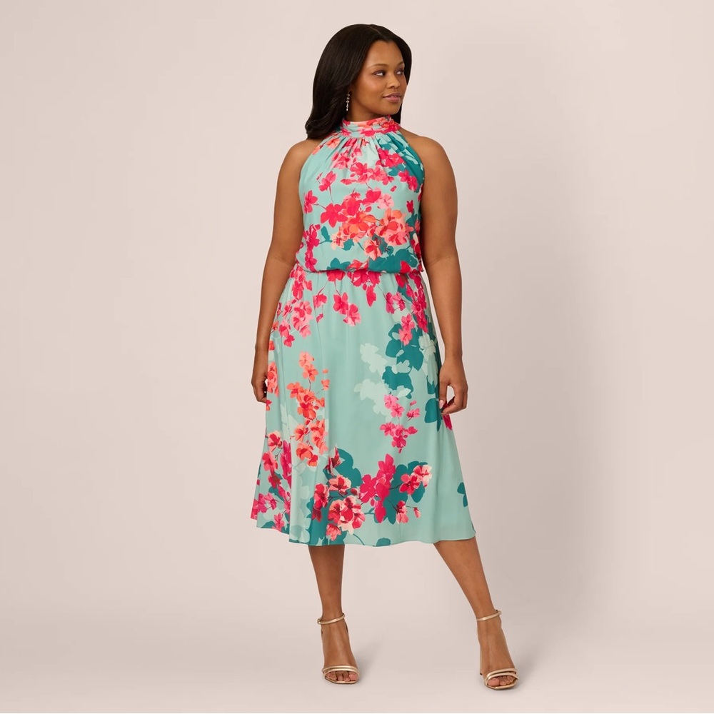 Adrianna Papell Floral Chiffon Midi Halter Dress In Turquoise Multi